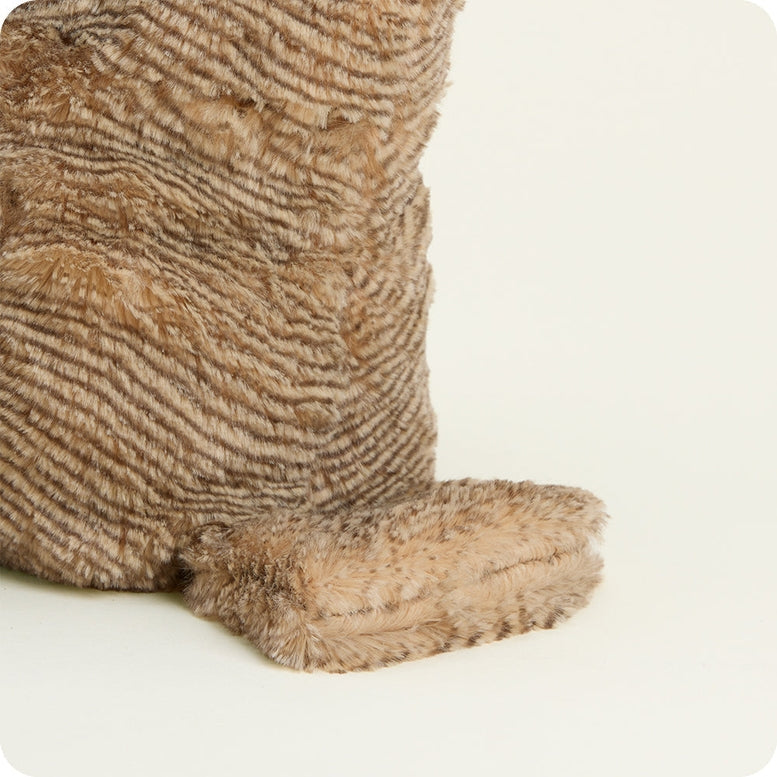 Woodland Owl by Warmies plush toy shown from the side, highlighting its textured brown and white fur and foot against a plain white background.