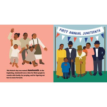 Illustration of a family celebrating Juneteenth with text on a pink and green background.