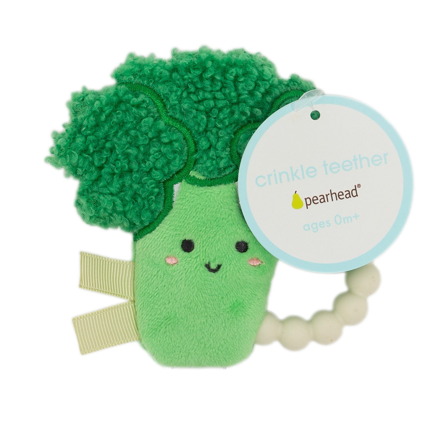 Green plush broccoli toy with a crinkle feather and Pearhead tag on a white background