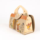 Wooden toy handbag with animal illustrations on a white background
