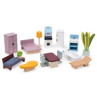 Starter set of modernist wooden dollhouse furniture by Mentari, including a sofa, armchair, coffee table, bed, wardrobe, kitchen appliances, dining set, bathtub, and potted plant.