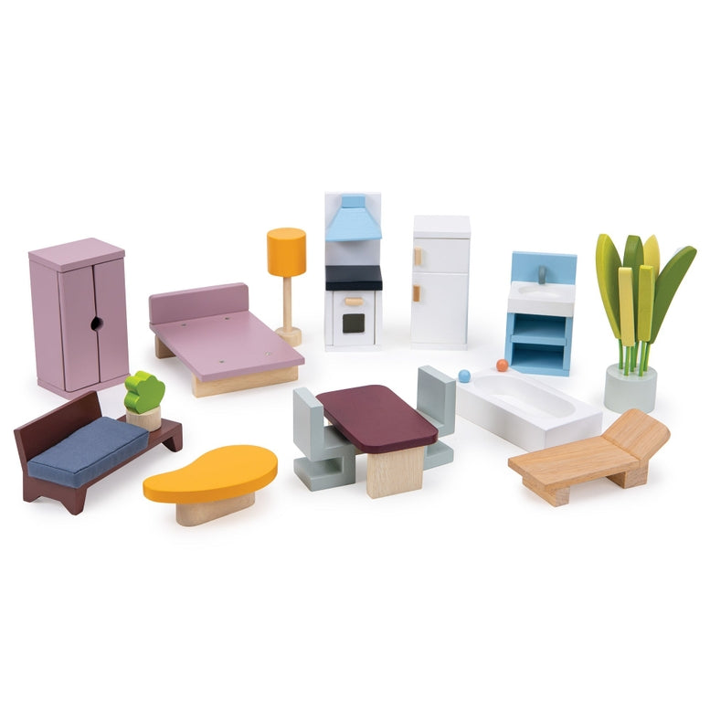 Starter set of modernist wooden dollhouse furniture by Mentari, including a sofa, armchair, coffee table, bed, wardrobe, kitchen appliances, dining set, bathtub, and potted plant.