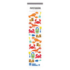 A vertical sheet of Pipsticks stickers with various beach-related designs including a crab, a lobster, a sandcastle, and beach tools like a bucket and shovel, all in a colorful and holographic design.