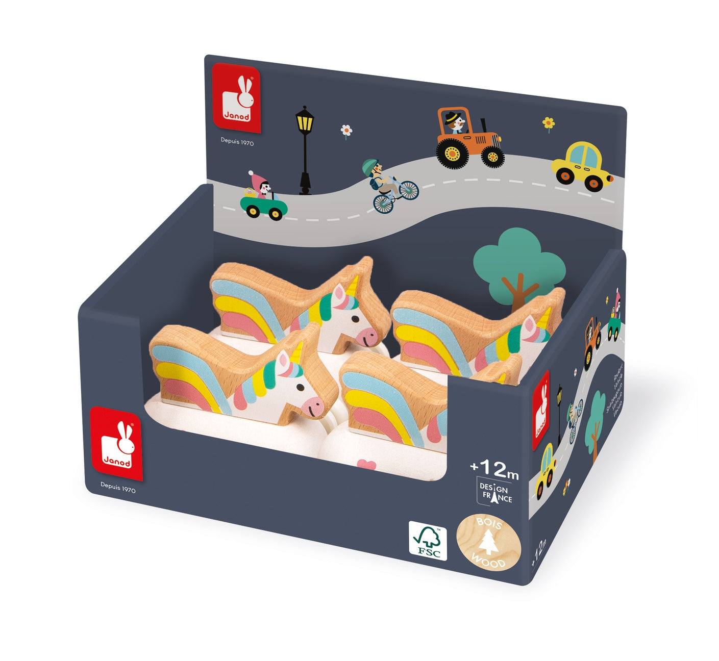 Toy packaging with colorful toy unicorns and a miniature road scene on the box.