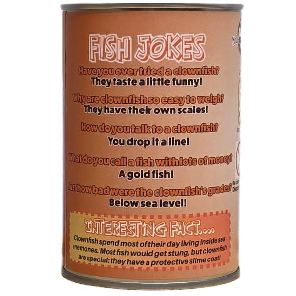 Can of fish jokes with humorous text on a white background
