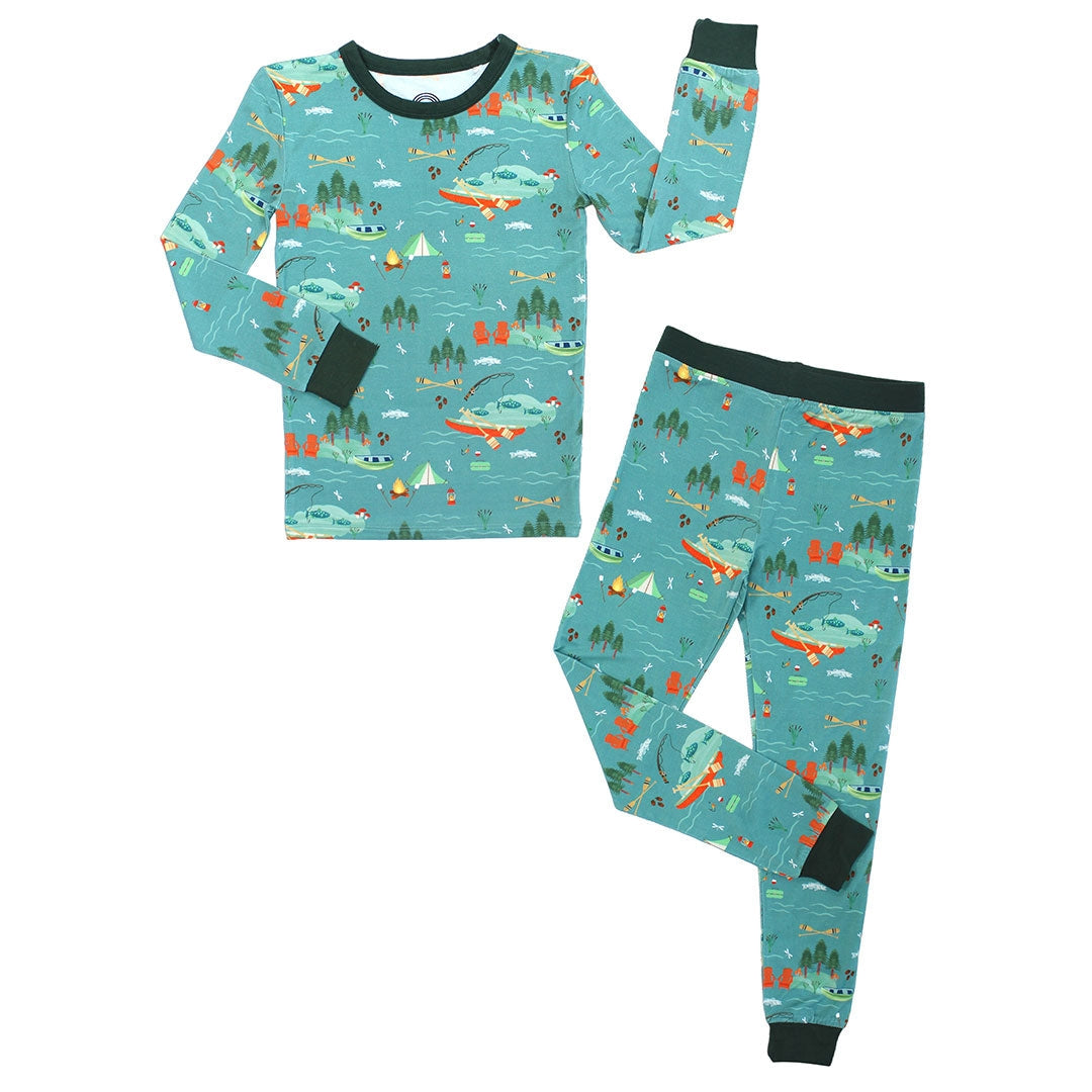 Children's pajama set with a blue pattern on a white background