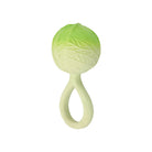An infant toy designed as a green cabbage head featuring textured leaves at the top and a circular ring handle at the base.