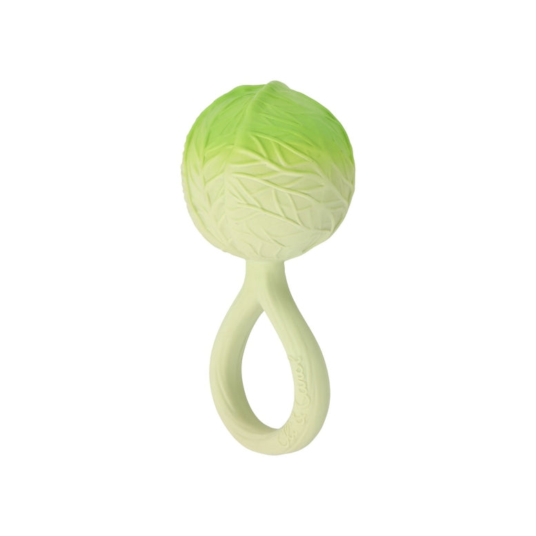 An infant toy designed as a green cabbage head featuring textured leaves at the top and a circular ring handle at the base.