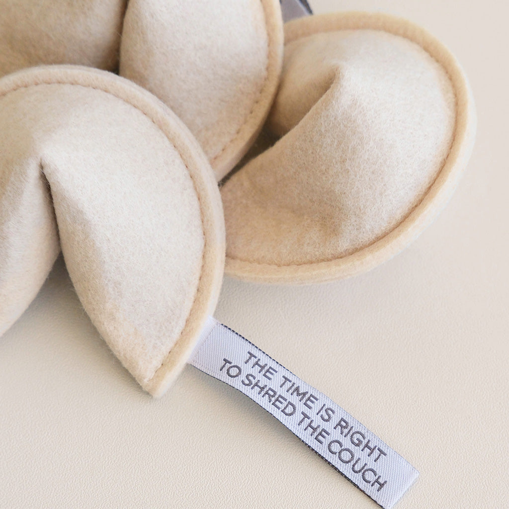 Close-up of a plush fabric comforter or cushion in a warm cream/beige color, with folded stitched edges and a small sewn label reading “THE TIME IS RIGHT TO SHRED THE COUCH.”.