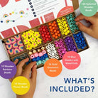 Colorful bead set with various types of beads and elastics, held by hands on a white background.
