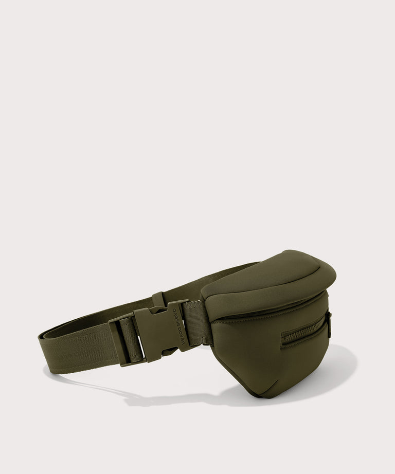 Black waist bag on a light gray background