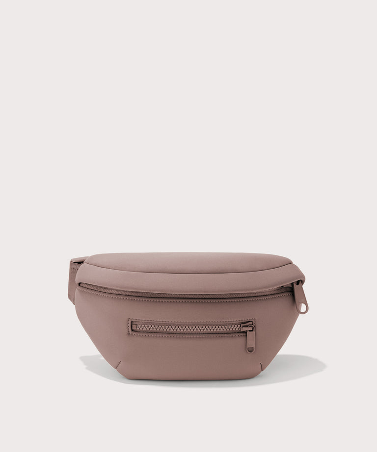 Grey waist bag with a strap on a white background