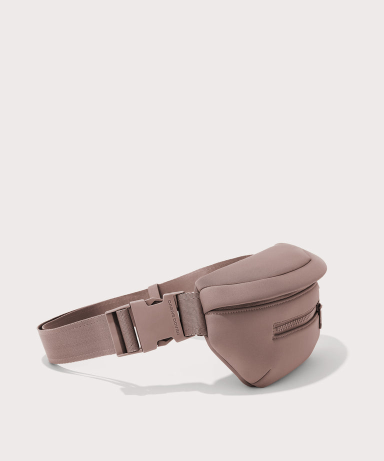 Grey waist bag with a strap on a white background