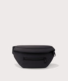 Black waist bag on a light gray background