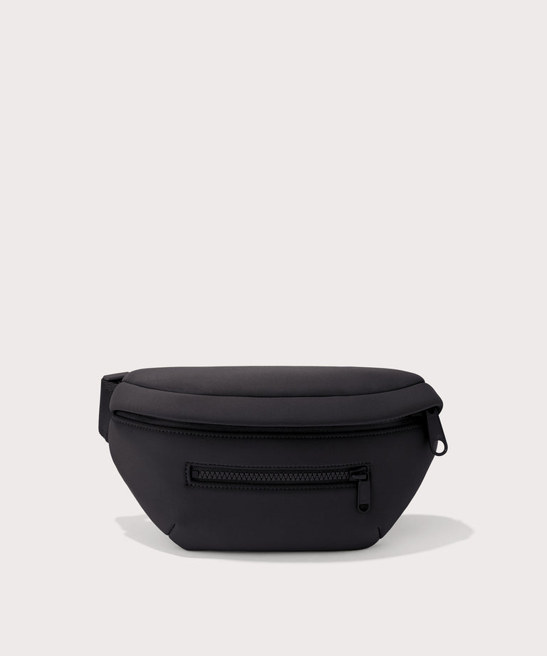 Black waist bag on a light gray background