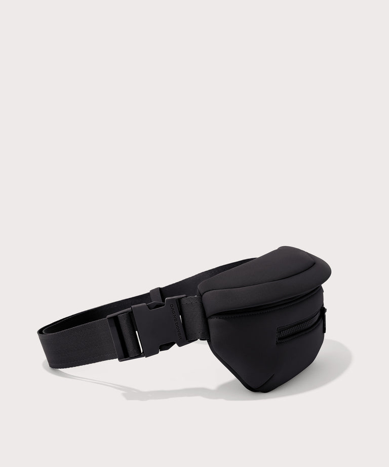 Black waist bag on a light gray background