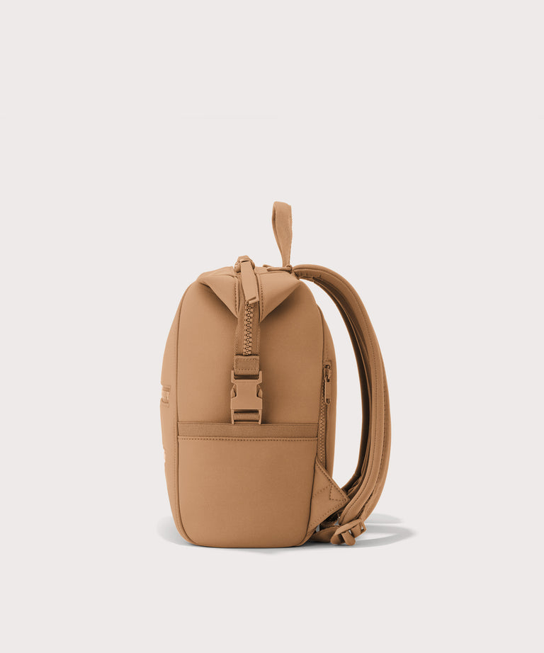 Tan backpack on a light gray background