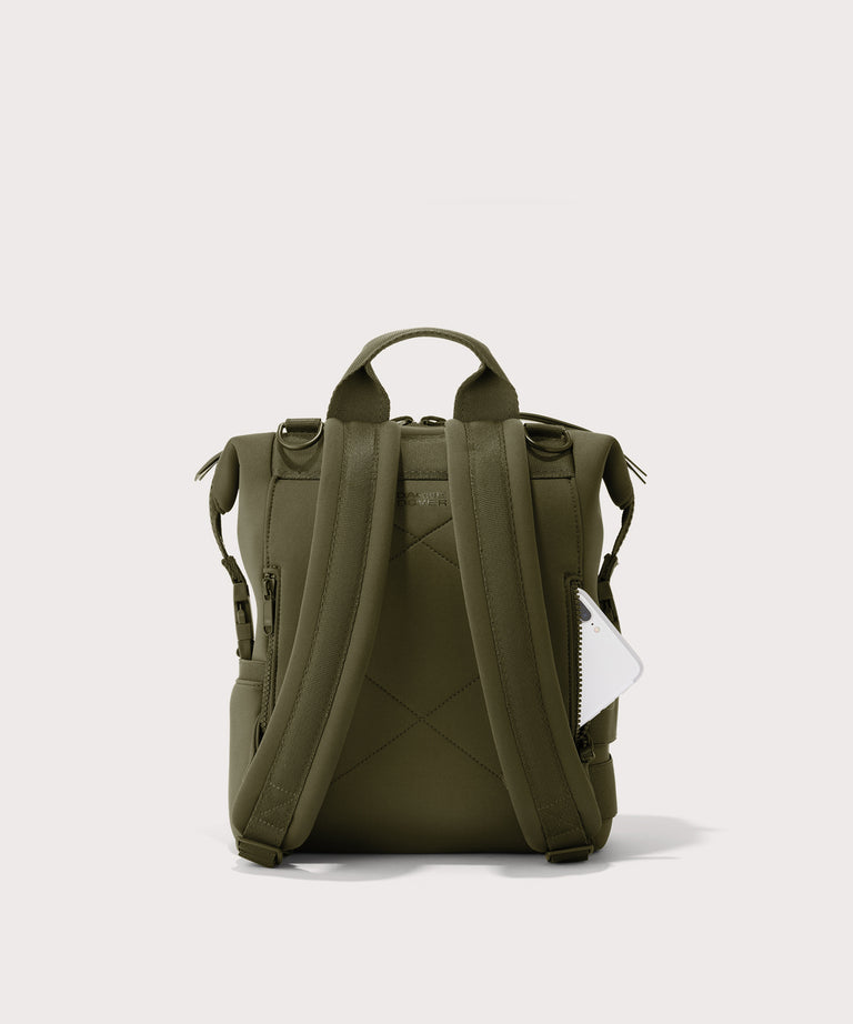 Green backpack on a light gray background