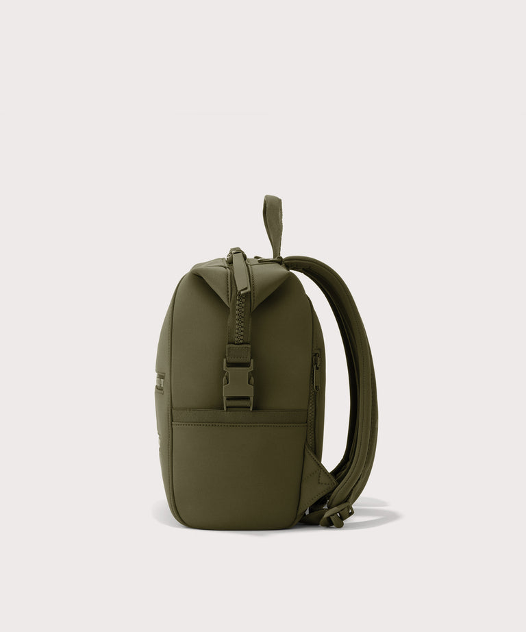 Green backpack on a light gray background