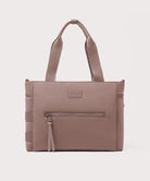 Brown tote bag with a visible brand label on a light gray background