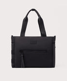 Black tote bag with a visible brand label on a white background