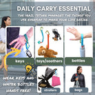Advertisement for a trail tether product showing its use with keys, toys, bottles, strollers, and bags.