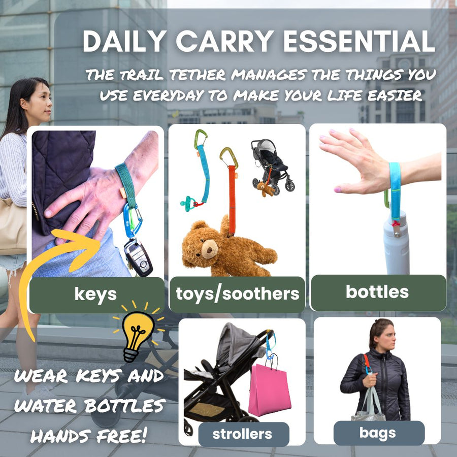 Advertisement for a trail tether product showing its use with keys, toys, bottles, strollers, and bags.