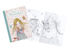 A product display of The Rosalies Coloring Book by Moulin Roty showing its illustrated front cover alongside an open interior page featuring a line-art illustration.