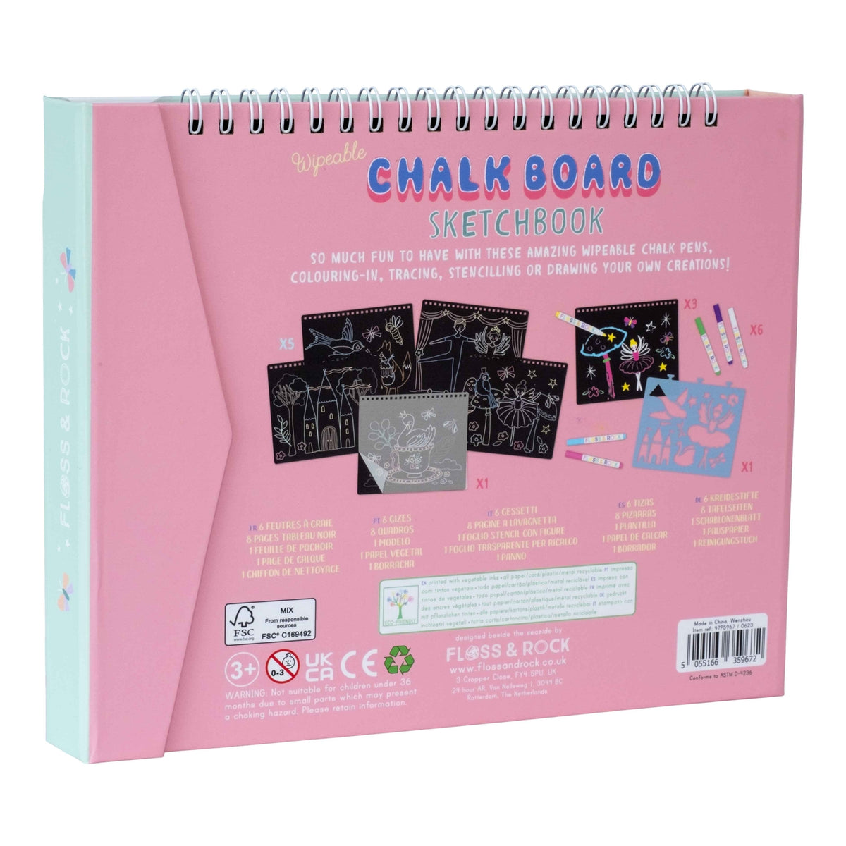 Wipeable chalk board sketchbook with illustrations of uses on a pink cover