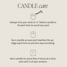 Candle care instructions with illustrations on a beige background