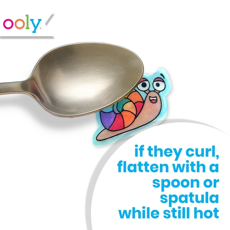 Colorful cartoon snail on a spoon with text and Ooly logo