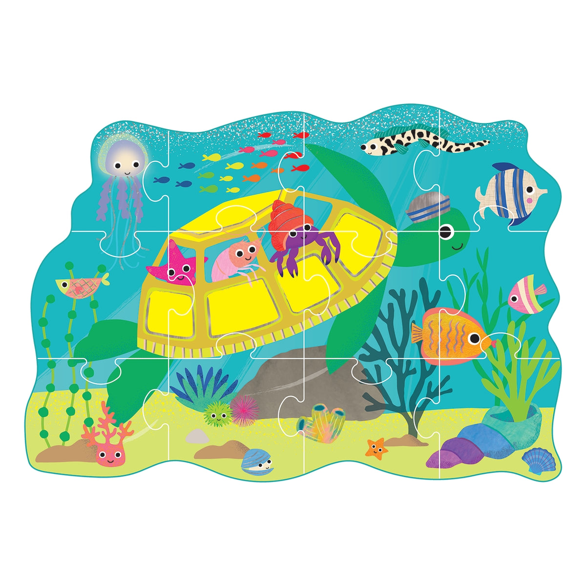Children's puzzle with an underwater scene featuring a boat, fish, and jellyfish.