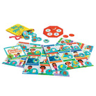 A children's educational toy set spread out on a white background, including a yellow storage pouch, a red hexagonal number board, round number pieces, matching cards, and a book titled 'Let's Play with Friends and Neighbors.'.