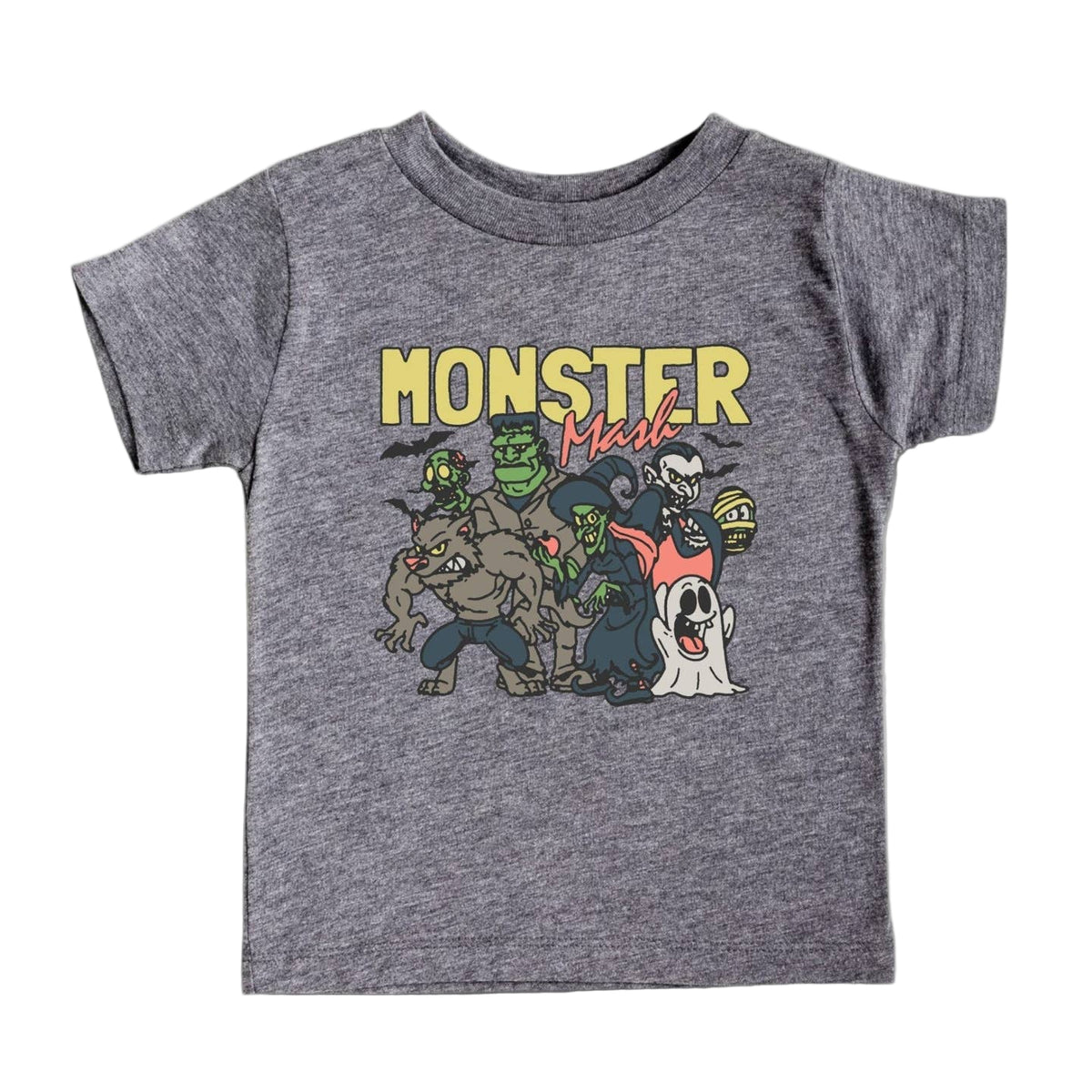 Gray t-shirt with cartoon monsters and 'Monster Mash' text on a white background