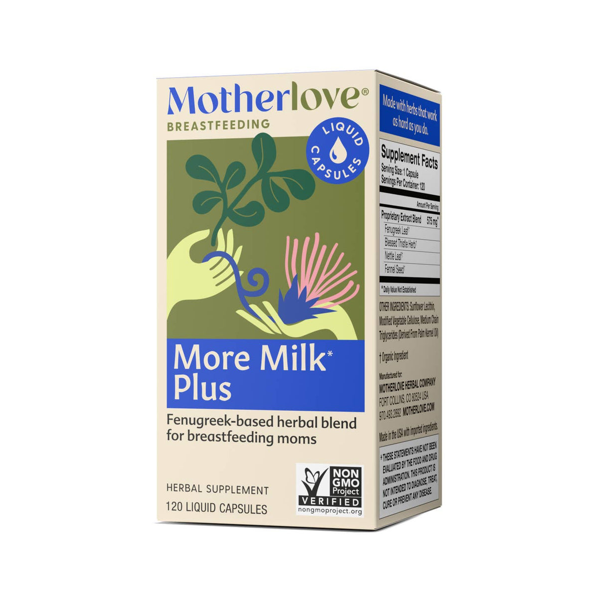 Box of Motherlove More Milk Plus herbal supplement for breastfeeding moms on a white background