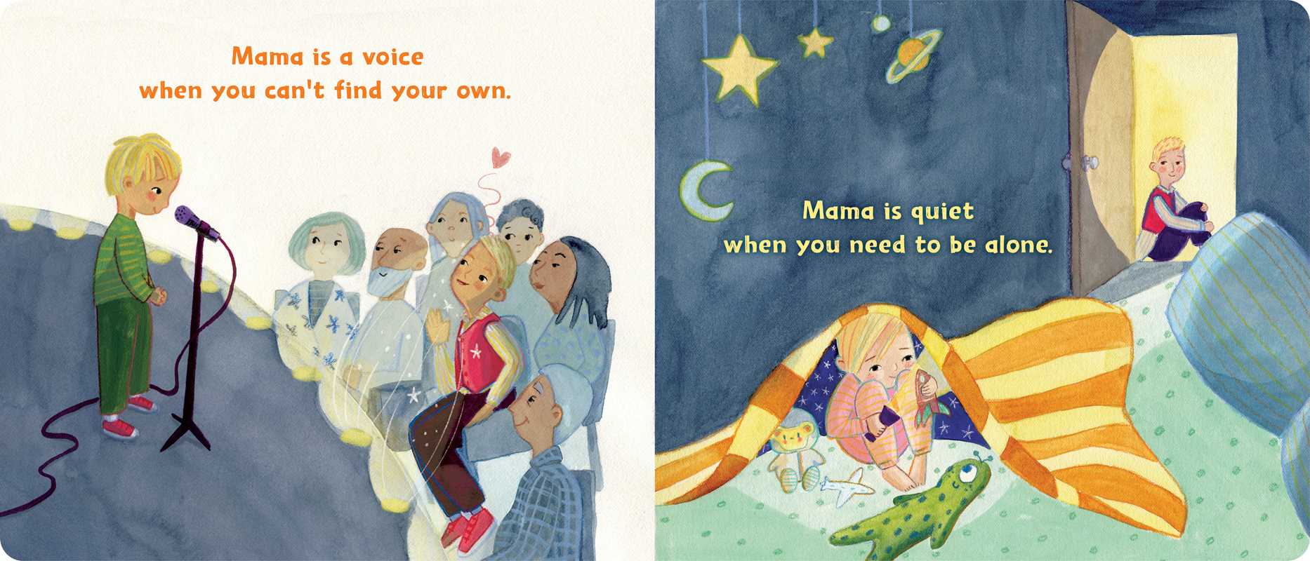 Illustrated book pages showing a child with a microphone and a child in bed, with text about a mother's voice.