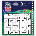Children's maze with a van and dog illustration on a night sky background