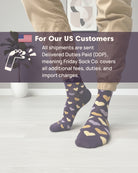 Person wearing patterned socks with a promotional message about DDP for US customers.