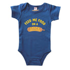 Blue baby onesie with yellow text and mustard graphic on a white background