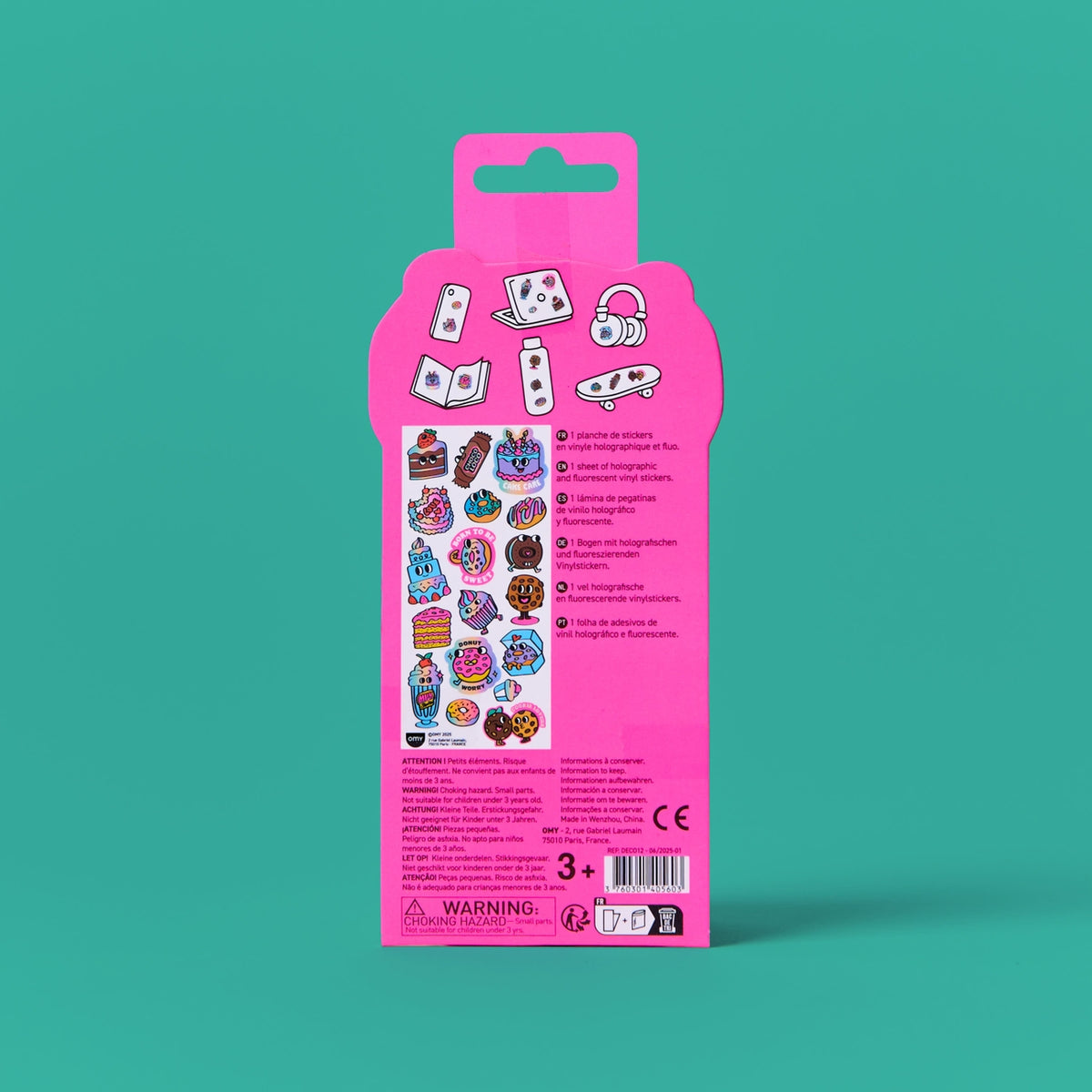 Pink packaging of stickers with illustrations on a teal background