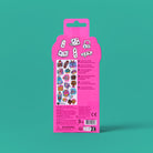 Pink packaging of stickers with illustrations on a teal background