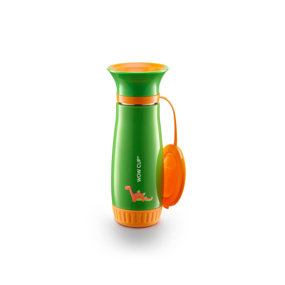 A green and orange Wow Cup water bottle with a dinosaur graphic, shown on a clean white background.
