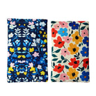 Two floral-patterned pouches, one blue with white, yellow, and pink flowers, and the other multicolor on a white background.