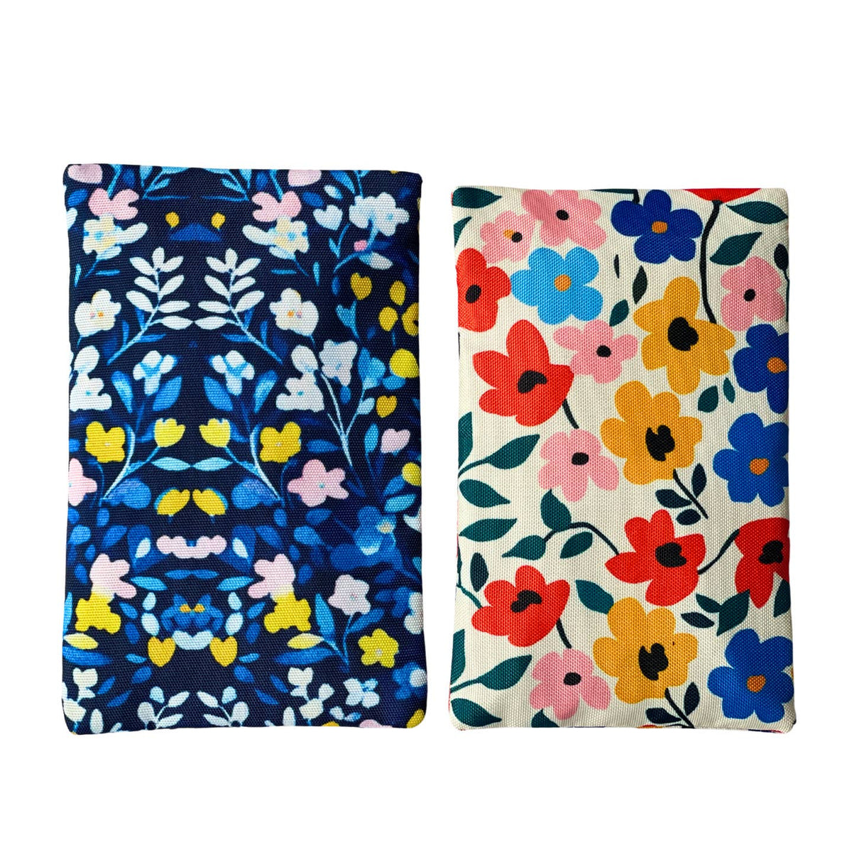 Two floral-patterned pouches, one blue with white, yellow, and pink flowers, and the other multicolor on a white background.