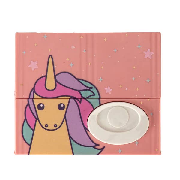 Unicorn-themed product packaging with a pink background and star patterns