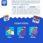 Instructions for using BuzzPatch stickers with a chart and illustrations on a blue background.
