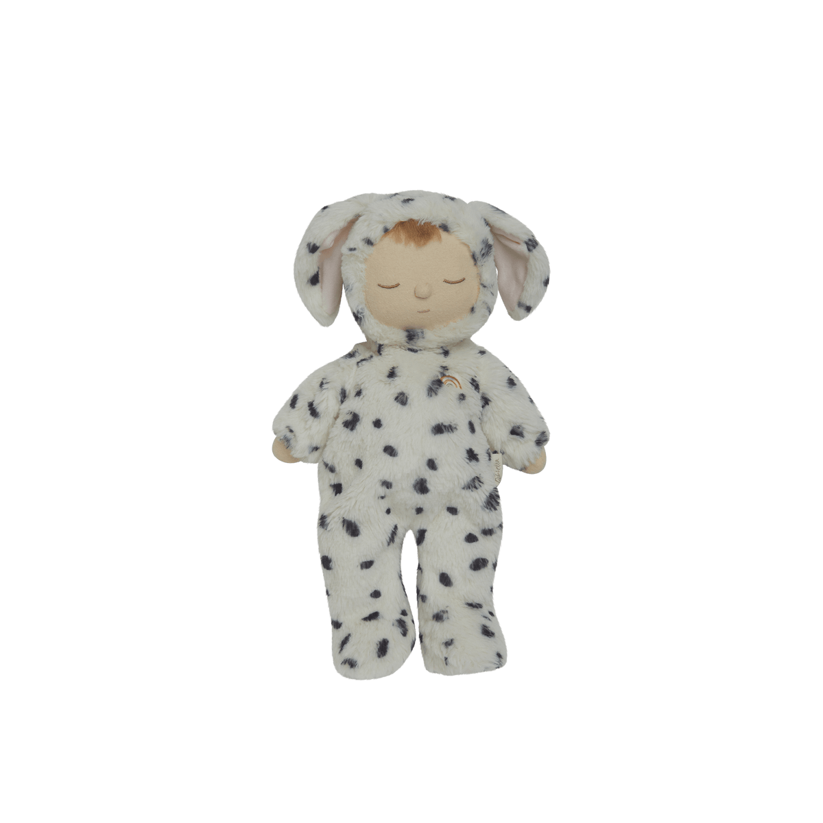 Stuffed toy in a dalmatian costume on a white background