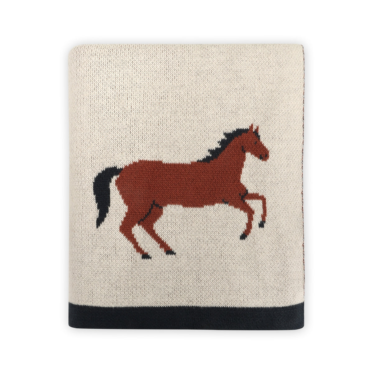 Knitted blanket with a horse design on a white background