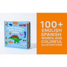 Children's book with dinosaur illustration on a white background, featuring text about English and Spanish words.
