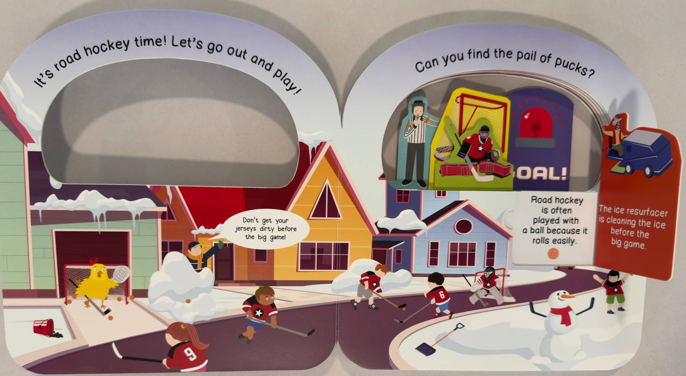 Illustrated children's book page about hockey with houses and hockey players.